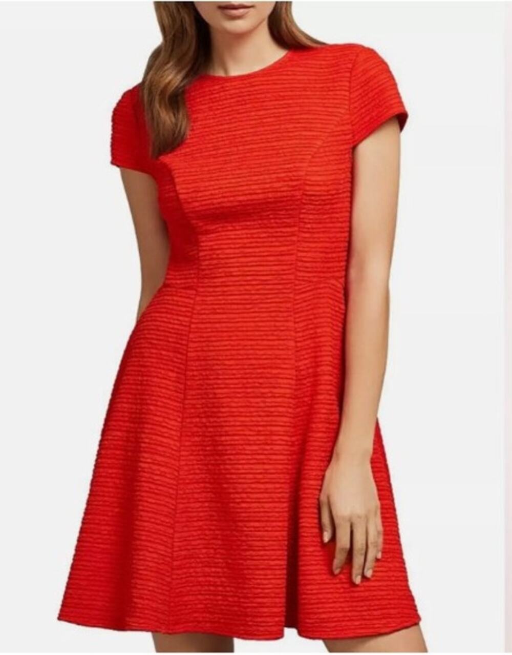 TED BAKER Cherisa Textured Jersey Skater Dress Size 6 Small Fire Orange